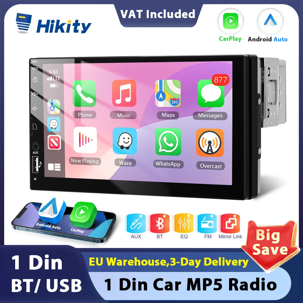 Hikity 7 "شاشة تعمل باللمس 1DIN Carplay أندرويد السيارات سيارة مشغل MP5 مع بلوتوث FM استقبال متعدد الوظائف منفذ USB EQ مرآة الارتباط