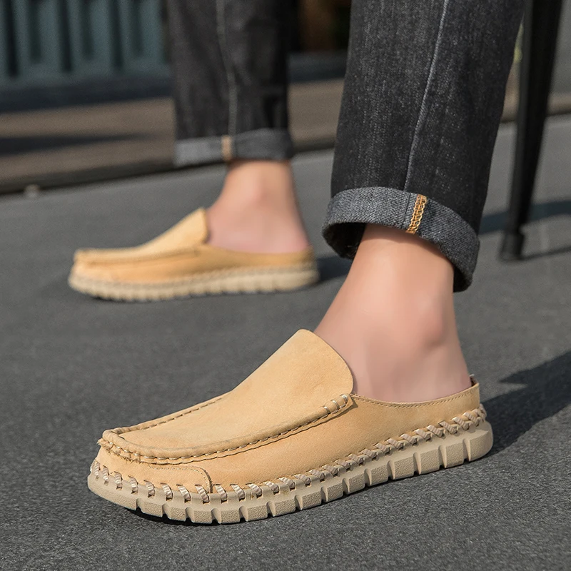 

Spring Brand Men's Top Layer Cowhide Comfortable Semi Drag Anti Slip Bean Shoes Outdoor New Men's Breathable Soft Soled Loafers