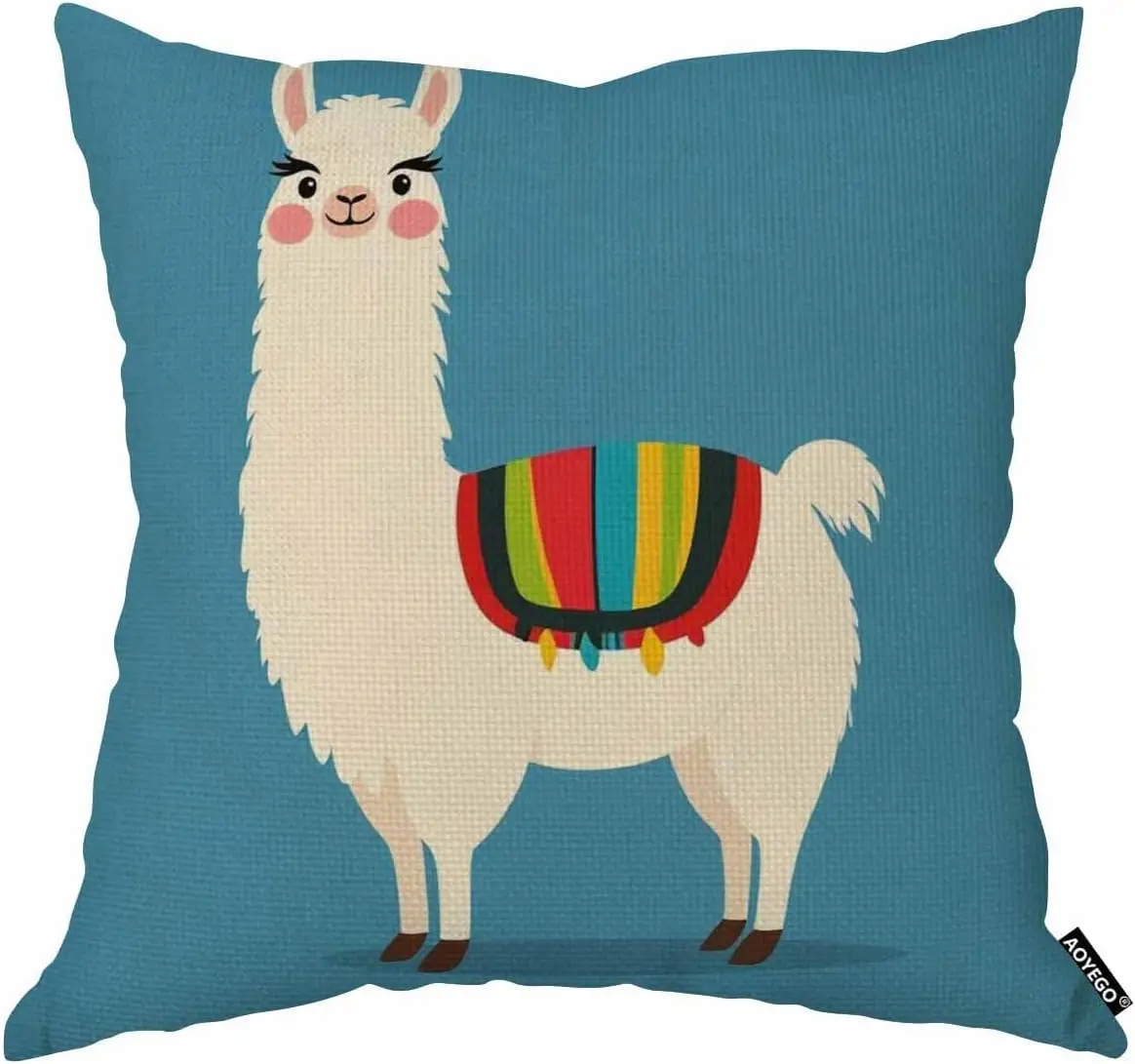 Cute Llama Pillowcase, Colorful Alpaca Cushion Cover, Boho Animal Home Decor Funny South American Camelid Sofa Throw Pillow Gift