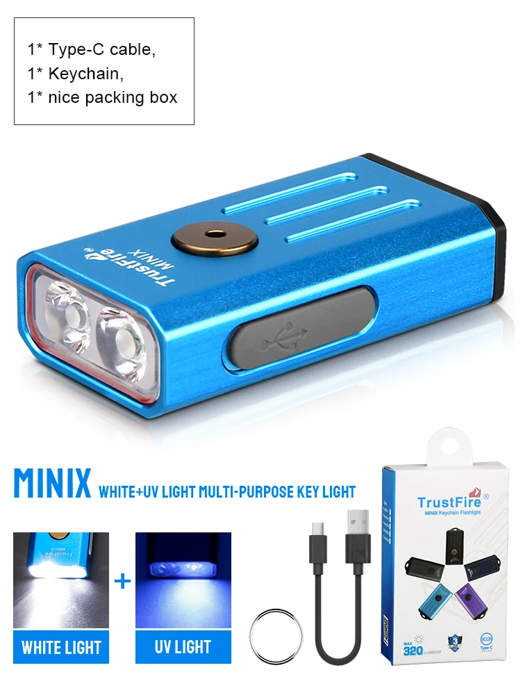Trustfire Minix Mini EDC-Taschenlampe, Schlüsselanhänger, 320 lm, 365 nm, UV-Lampe, rotes Licht, Typ C, USB wiederaufladbar, bunt, Geschenk, 2 Modi, LED-Taschenlampe 6