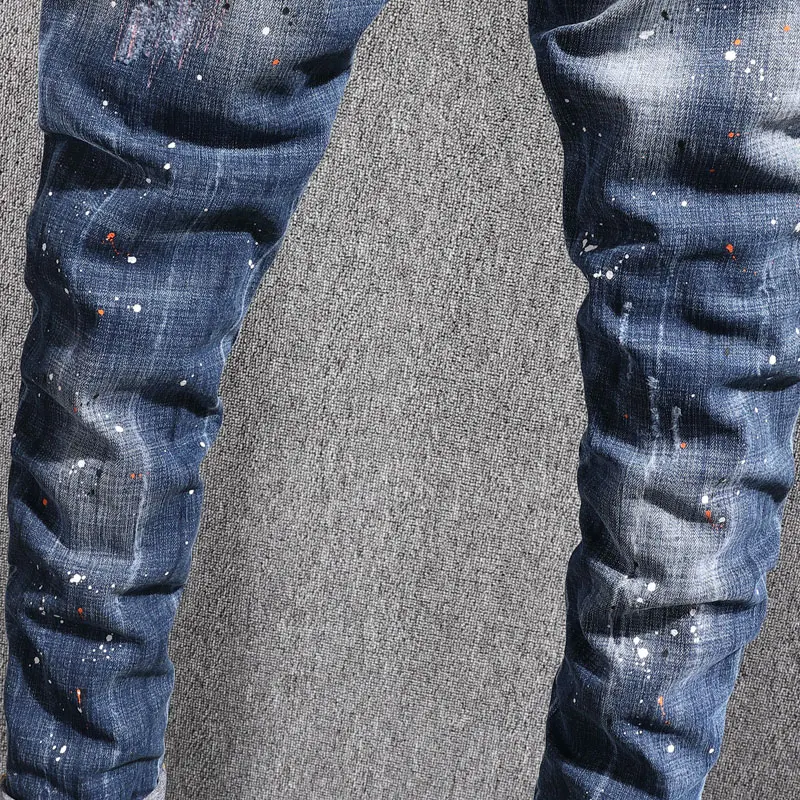 High Street Trendy and Fashionable New Blue Men's Jeans Washed, Nostalgic Painted Hip Hop Brand High Quality Elastic Slim Fit Je