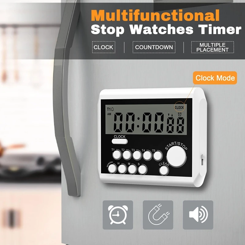Temporizador de cocina digital de 5 canales, modo de reloj con pantalla LCD grande, temporizador de cocina, alarma de volumen fuerte y luz intermitente