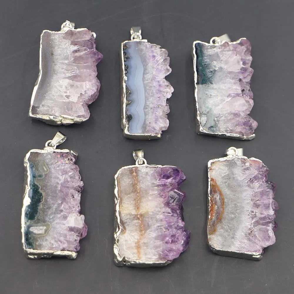 

Hot Natural Stone Amethysts Slice Druzys Mexican Pendants Healing Crystal Quartz Necklace Male Raw Slab Geode Women Jewelry 6PCS