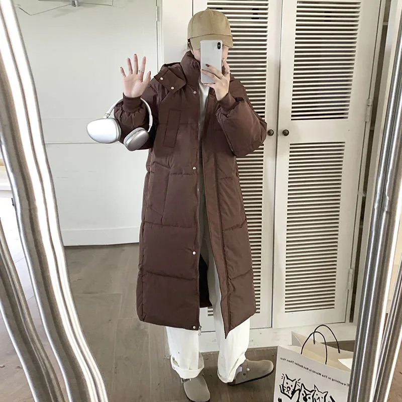 

Vintage Basic Hooded Mid-length Puffer Jackets Loose Women's 2023 New Fashion Style Warm Fashionable Street Down Coat