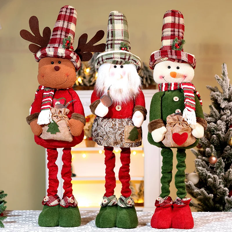 Christmas Telescopic Doll Decoration Christmas Retro Plaid Doll Old Man Snowman Elk Window Decoration