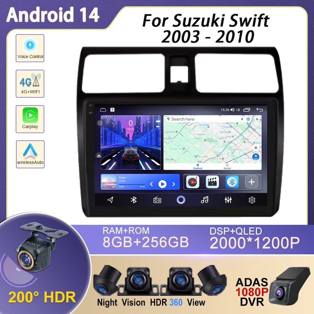 

Android 14 Car Auto Radio Multimedia Player For Suzuki Swift 2003 - 2010 GPS Serero Carplay Head Unit 5G No 2 Din DVD screen CPU