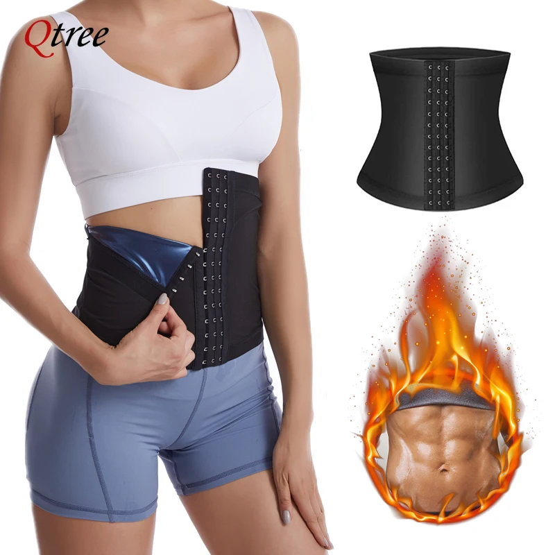 Qtree Waist Trimmer Belt for Women Waist Trainer Body Shaper Sauna Belt Tummy Control Shapewear Sweat Fat Burner Slimming Suit