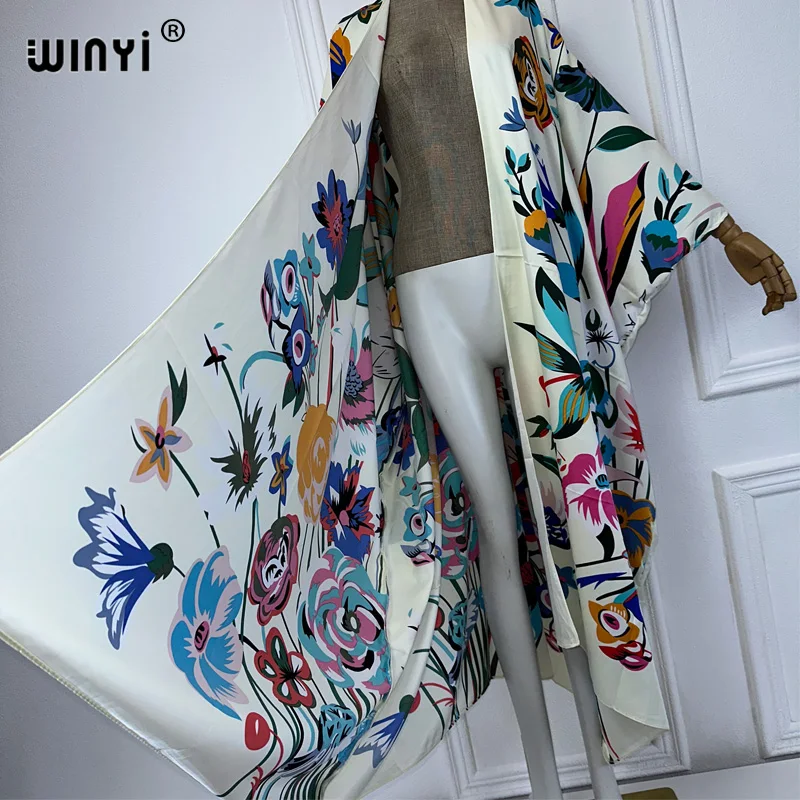 WINYI moda letnia plaża Boho kwiatowy nadruk Cover Up sweter eleganckie wakacyjne Kimono stroje plażowe kobiety sukienka kaftan