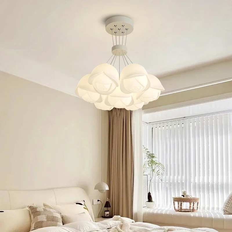 Modern Nordic Style LED Chandelier Rose Flower Chandelier for Living Dining Room Bedroom Kitchen White Green Flower Pendant Lamp