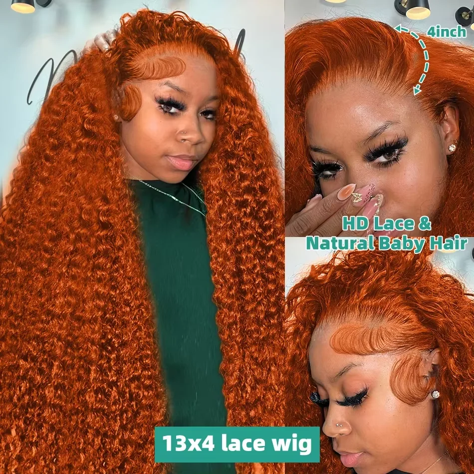 13x4 HD Lace Orange Ginger Deep Curly Wigs 30 36 Inch Water Wave Ginger Lace Front Wigs Human Hair Brazilian Human Hair