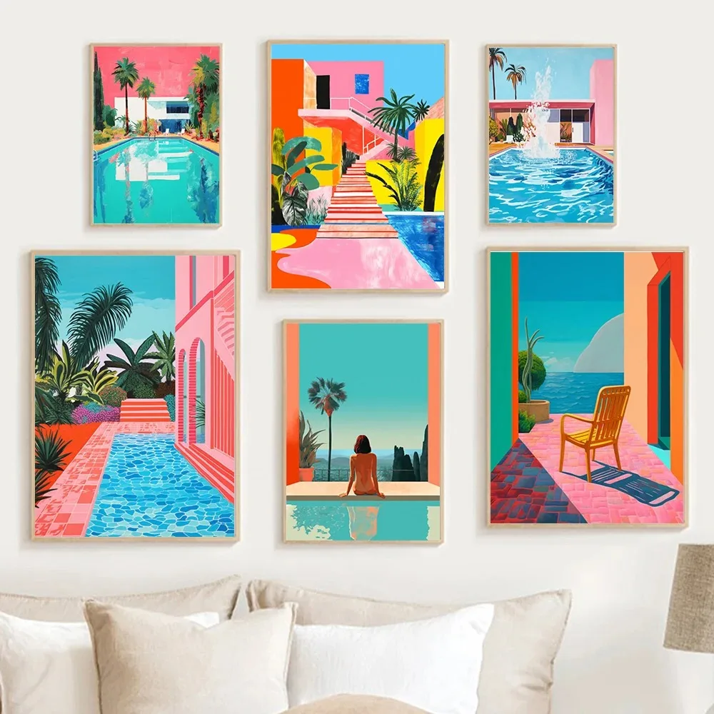 (2D canvas painting) Pop Art Print Sea Landscape Colourful Wall Vintage Pool Poster Pink Summer Swimming Hockney Canvas Paint
