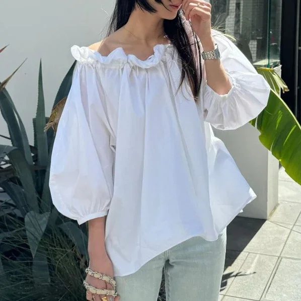 Feminino Sexy Camisas Lace Slash Neck Shirts Blouses Three Quarter Sleeve Ropa Mujer Japan Style Blusas Summer 2024 New Tops