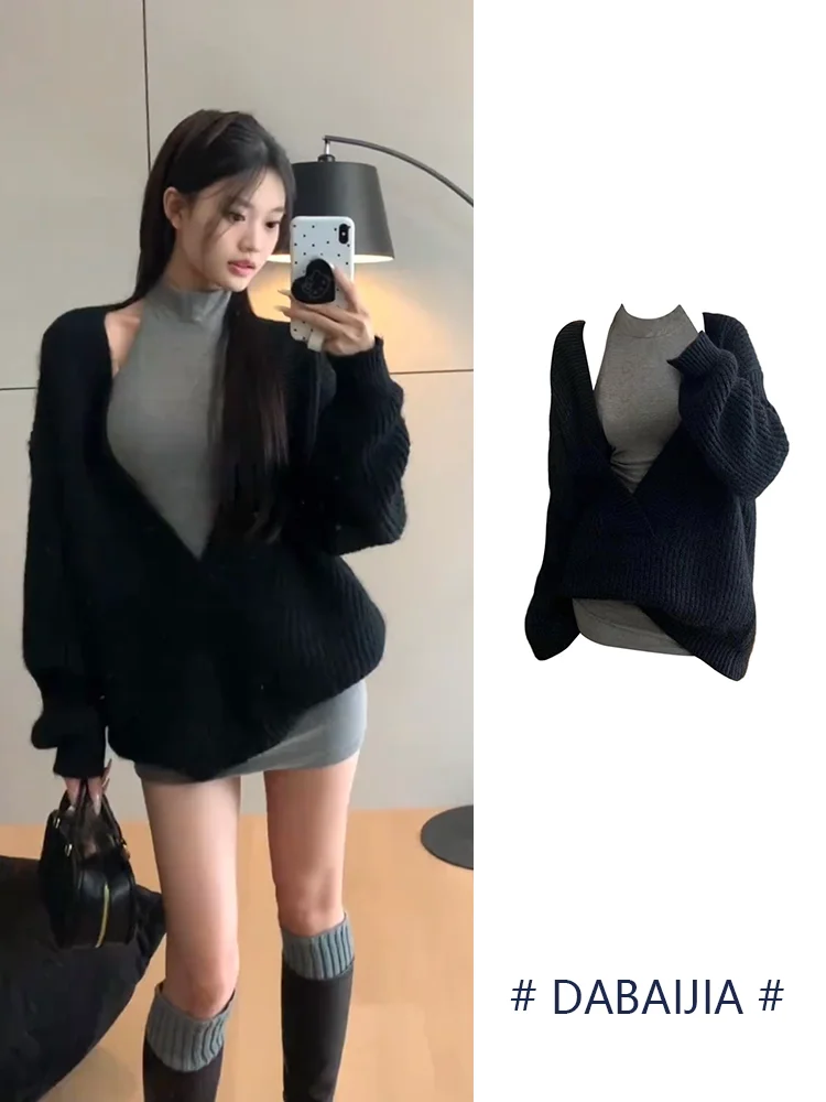 

Lagenlook V-Neck Long Sleeve Knitted Sweater Set Loose Black Mid-Length Top Women's Fashion Ensemble Autumn Winter Collection