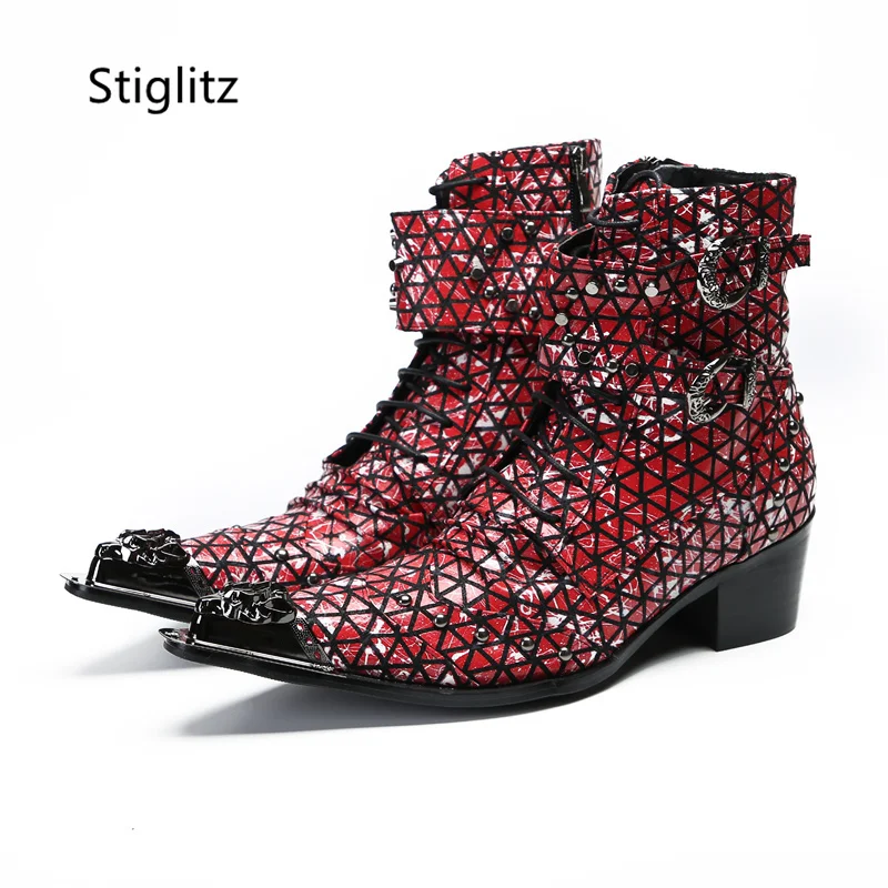 Double Buckle Ankle Boots Graffiti Genuine Leather Men's Boots Rivet Lace Up Metal Pointy British Style Western Boots Man Shoes