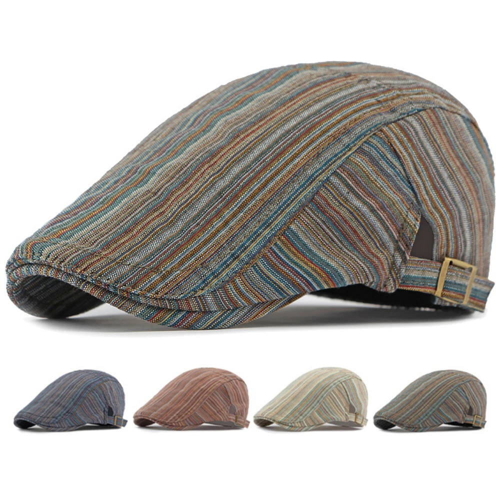 

HT4630 Beret Women Retro Artist Painter Beret Hat Unisex Adjustable Ivy Flat Cap Male Female Spring Summer Striped Men Beret Cap