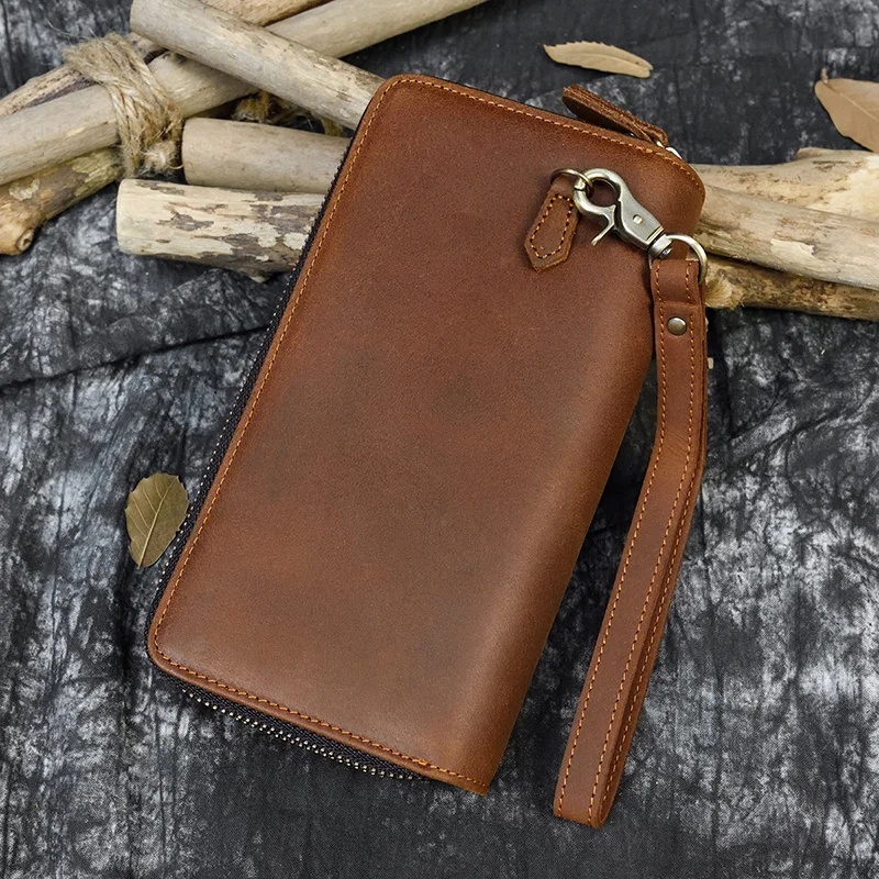 New Fashion Double Layer Leather Long Purse Vintage Cowskin Zipper Wallet With Wristband Men Women Retro Fashion Zip Wallets