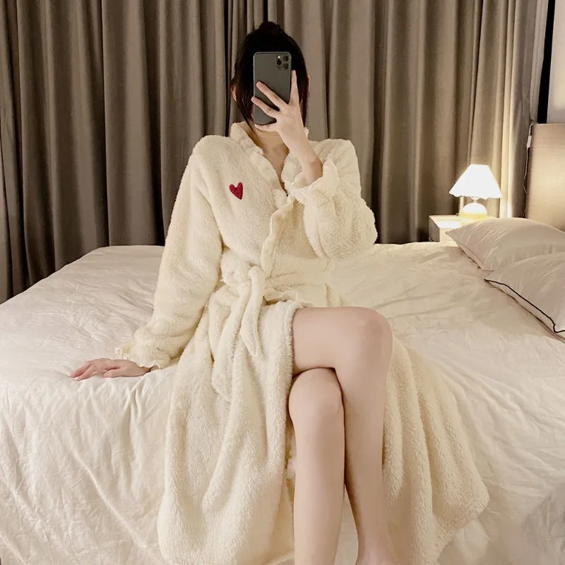 

2023 New Nightgown Women Autumn Winter Coral Velvet Loungewear Plush Thickened Robes Long Sleepwear with Belt Bathrobe Homewear