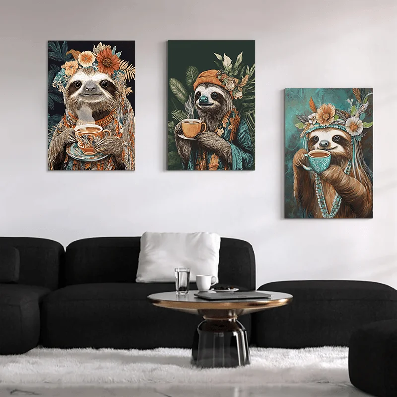 Pinturas, impresiones artísticas en lienzo de 3 piezas con diseño de Perezoso Bohemio en 2D - 23.62x31.5 pulgadas sin marco, decoración de pared fantasiosa para el salón con temática de café