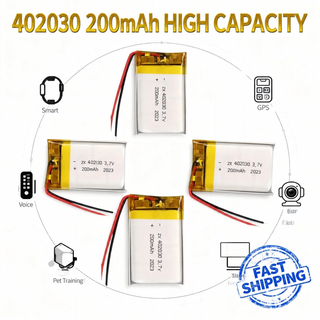 3.7V 200mAh 402030 Lithium Polymer Battery for Smart Bracelet GPS Voice Recorder Pet Training Tool Webcam Tablet PC