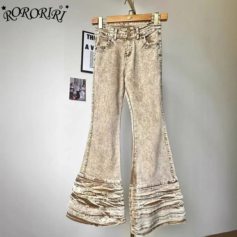 

RORORIRI Flared Jeans for Women Y2k Coquette Ladies Trousers Ruffle Bottoms Brown Jeans Woman Clothing 2000s Slim Denim Pants