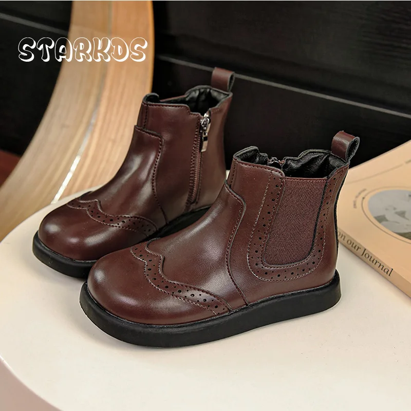 Brogue-Botas Chelsea de estilo británico para niños, botines de suela gruesa con cremallera, zapatos de cuero Pu con plataforma plana Retro, otoño