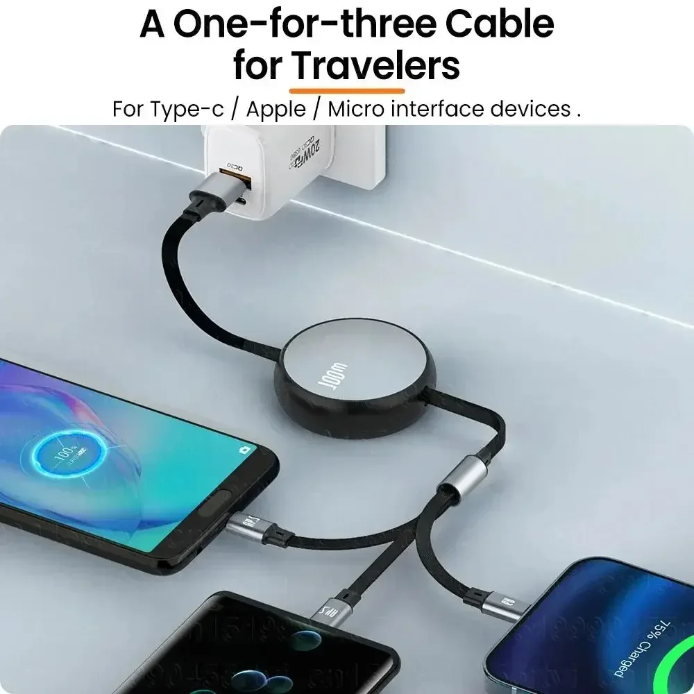 3in1 Retractable 6A 100W USB Cable for iPhone 14 13 12- USB To 8 pin/Type C/Micro Fast Charge Cable for Huawei Data Cable image 2