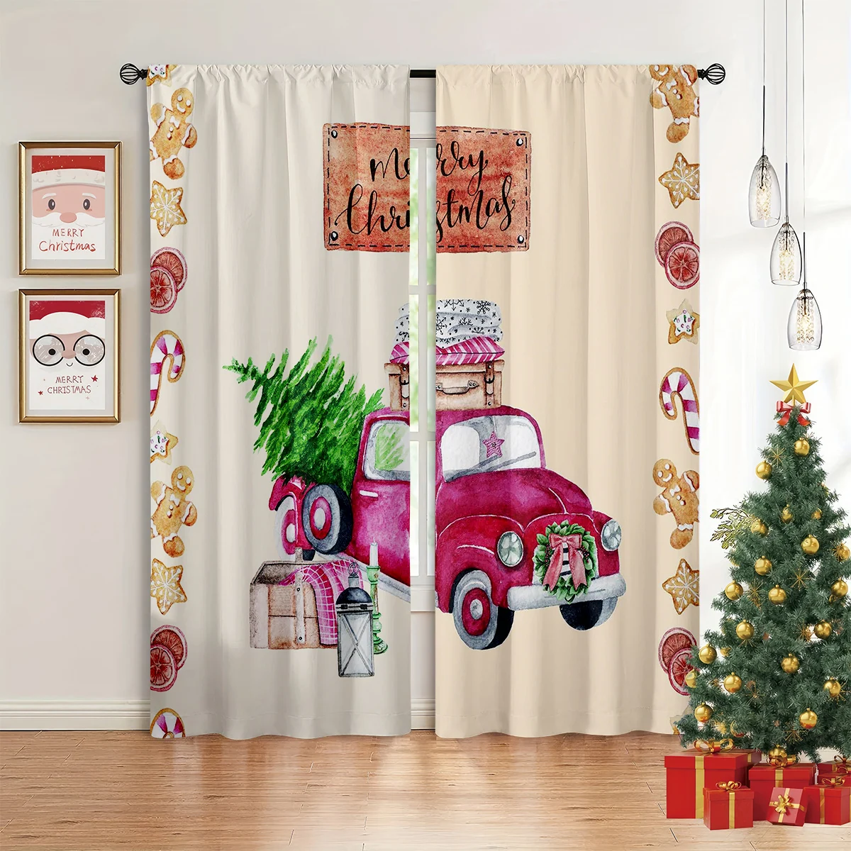 2pcs Curtains Featuring A Watercolor Cartoon Car Print—Perfect For Christmas Holiday Decor Or A New Year's Gift For Children.
