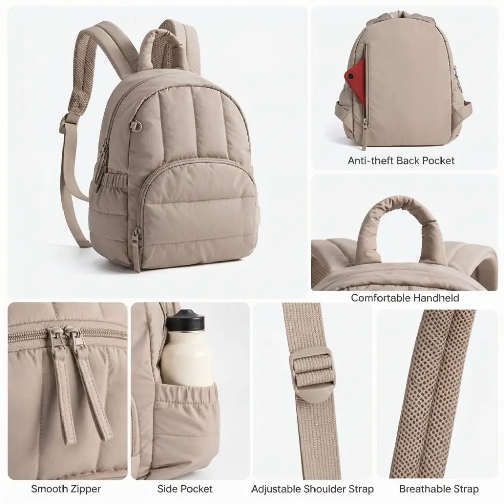 Quilted Mini Backpack for Women Water-resistant Small Puffer Students Backpacks Casual Lightweight Bookbag for Daily for Travel