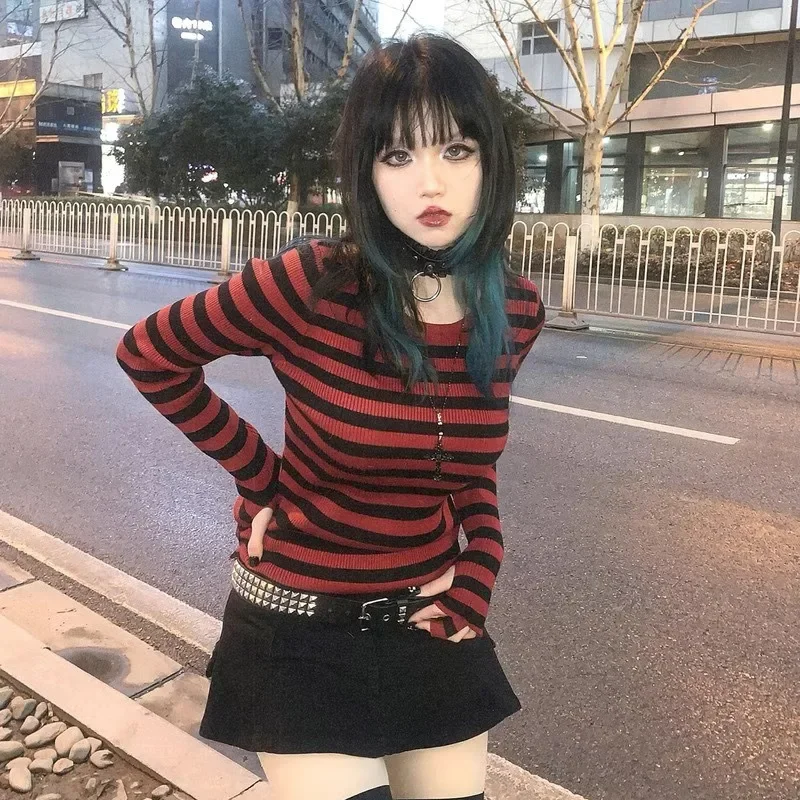 Y2k Black Red Striped Slim Waist Pullovers Long Sleeve Knitted Women Punk Style High Street Sueter Mujer Vintage Sweaters