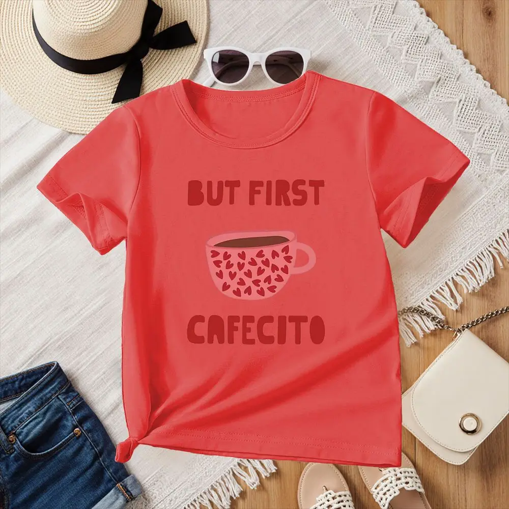 But First Cafecito Coffee Grafik-T-Shirt für Damen, Sommer, Harajuku, Kawaii, Herz-Tasse-Aufdruck, Rundhalsausschnitt, kurz, für den Alltag, Basic, niedlich, Y2k-Tops – Detail 3