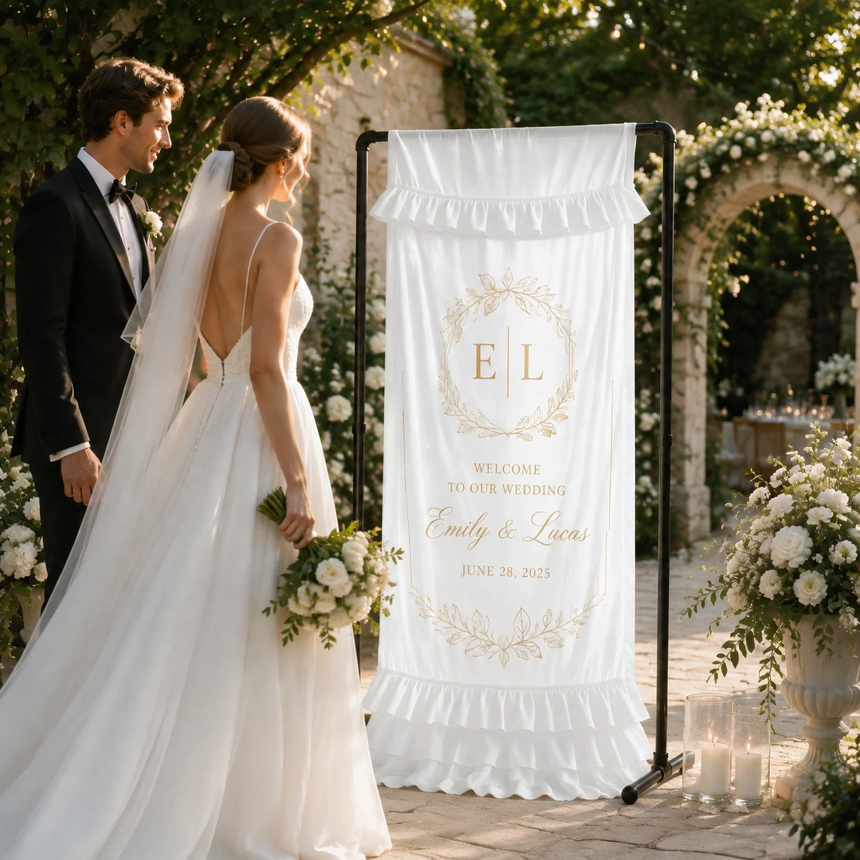 Custom Wedding Banner Personalized Couple Names Date Welcome Sign Elegant White Fabric Hanging Banner Wedding Decor Bridal Showe