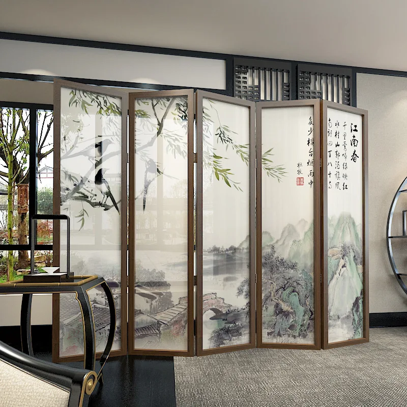New Chinese-style landscape flowers and birds folding screen partition living room can be moved into the home to block the hotel