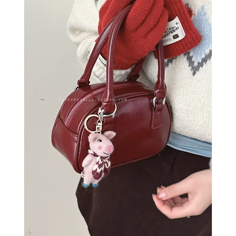 Retro Red Bag Autumn and Winter Women 2023 New Trendy South korea Portable Bowling Bag All-Match Messenger Bag Square Sling Bag