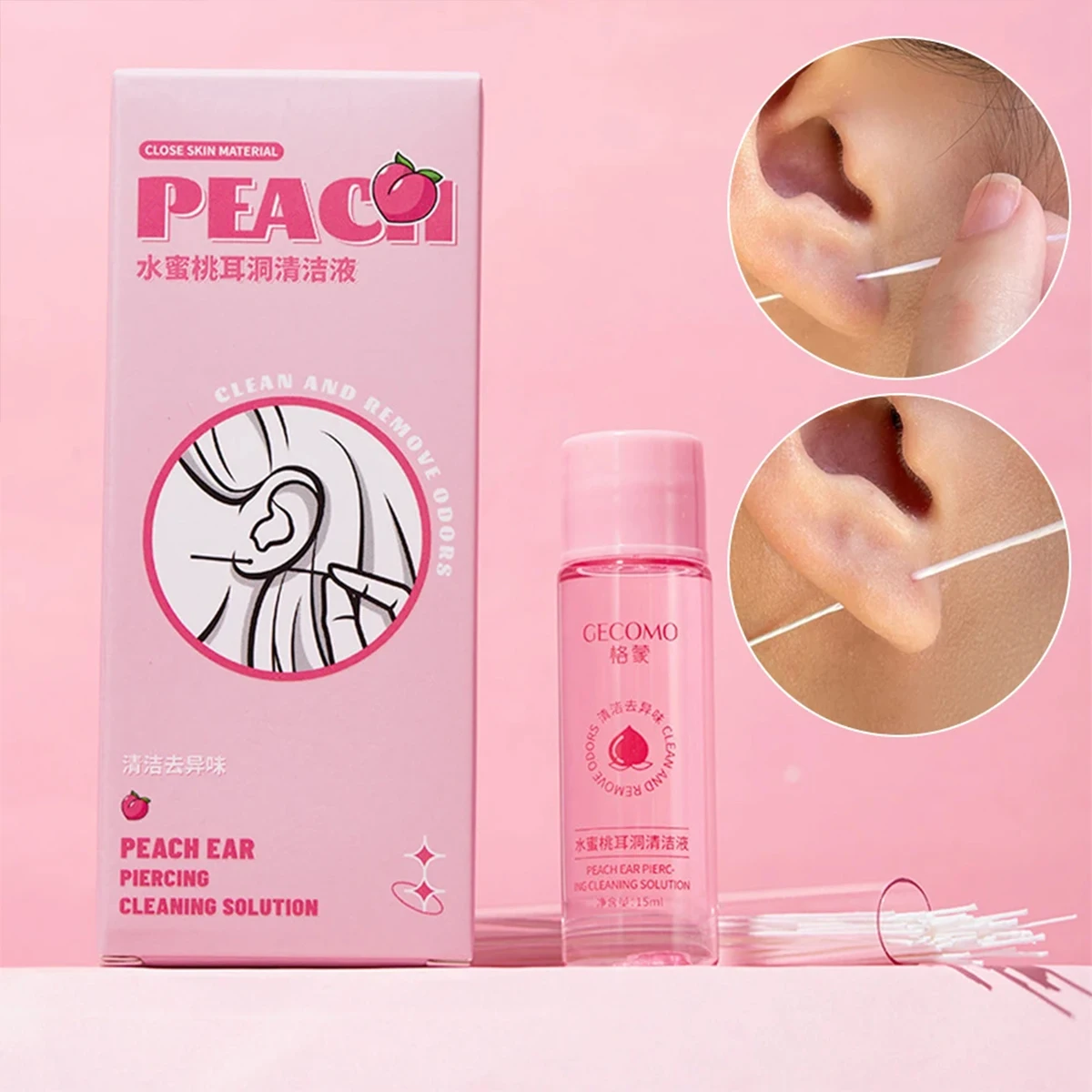 Pierced Ear Cleaning Set Solution Peach Flavor Floss Cotton Thread Ear Hole Aftercare Tool Kit Disposable Earrings Hole Cleaner