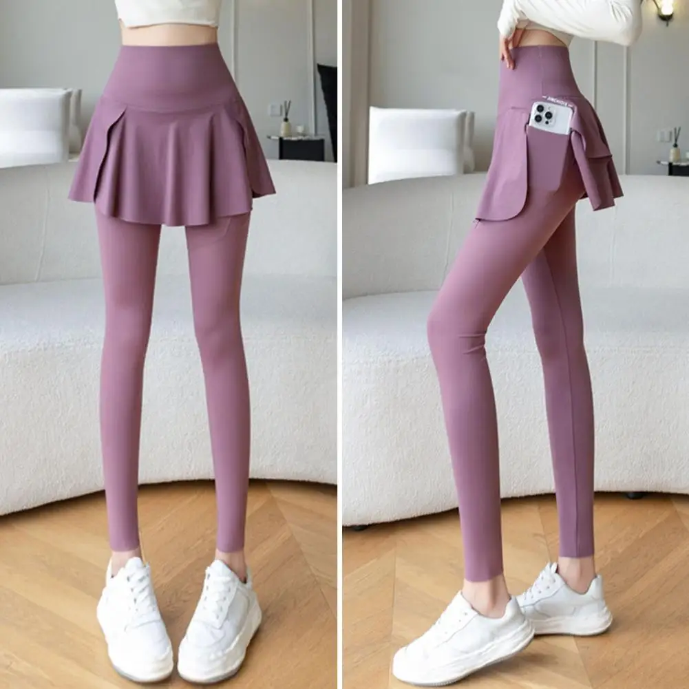 Women Yoga Pants Fake Tow-piece Skirt Skinny High Waist Phone Pocket Butt-lifted Anti-exposure Sport Gym Jogging Trousers