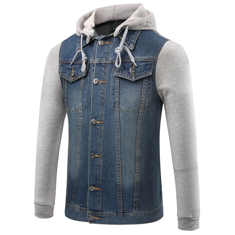 

2026 Spring Autumn Men Hooded Denim Jacket Mens Casual Streetwear Jean Jackets Mens Cowboy Jacket Male Hat Detachable Coat