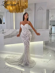 2023 Haute Couture Long White Evening Dresses Mermaid Spaghetti Straps Full Pearls Beads Glitter Celebrity Dresses Pageant Gowns