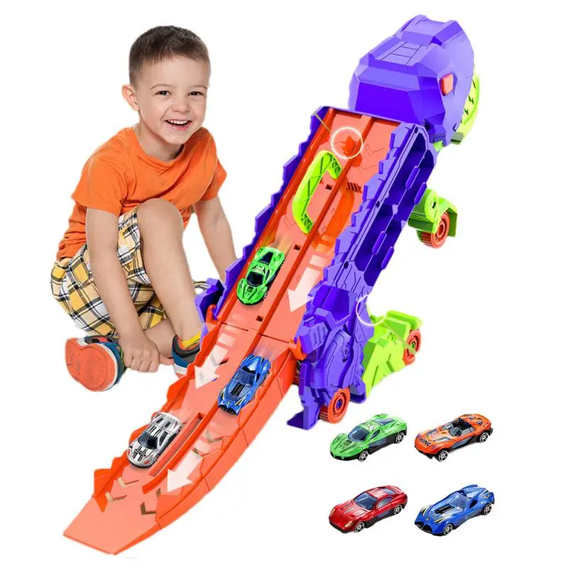 Dinosaur Car Toys Foldable Track & 2 Player Race Mode Dinosaur Carrier Truck For Creative Playset Goodie Bag Stuffers Kids