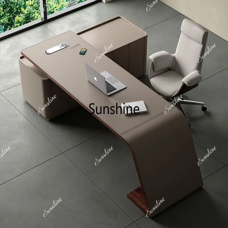 

YVintage Saddle Leather Desk Premium Boss Corner Cabinet Modern Minimalist Solid Wood