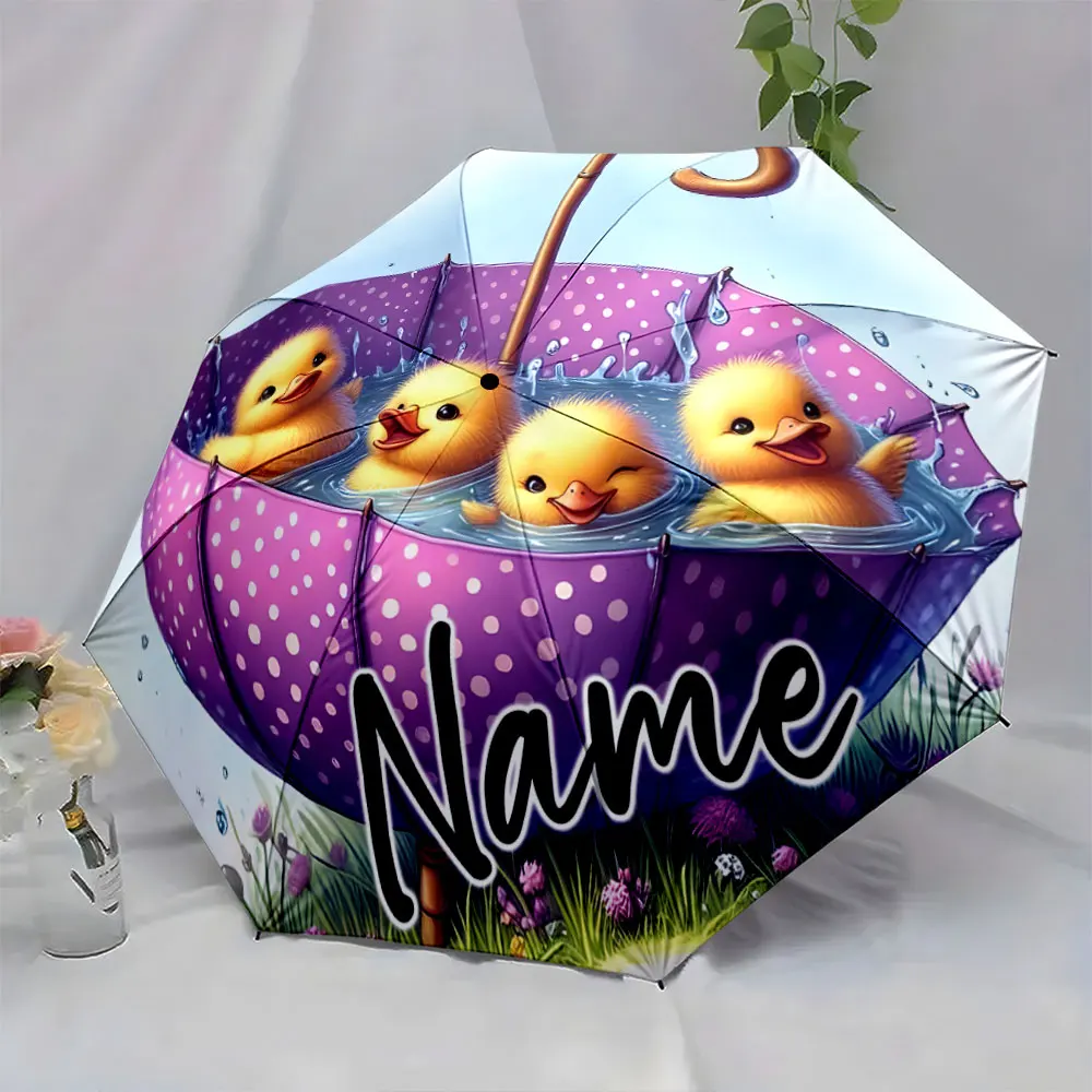 Custom Name Adorable Ducklings in a Purple Polka Dot Umbrella Print 8 Iron Ribs Folding Umbrella Auto-Open Fashion Sunshade