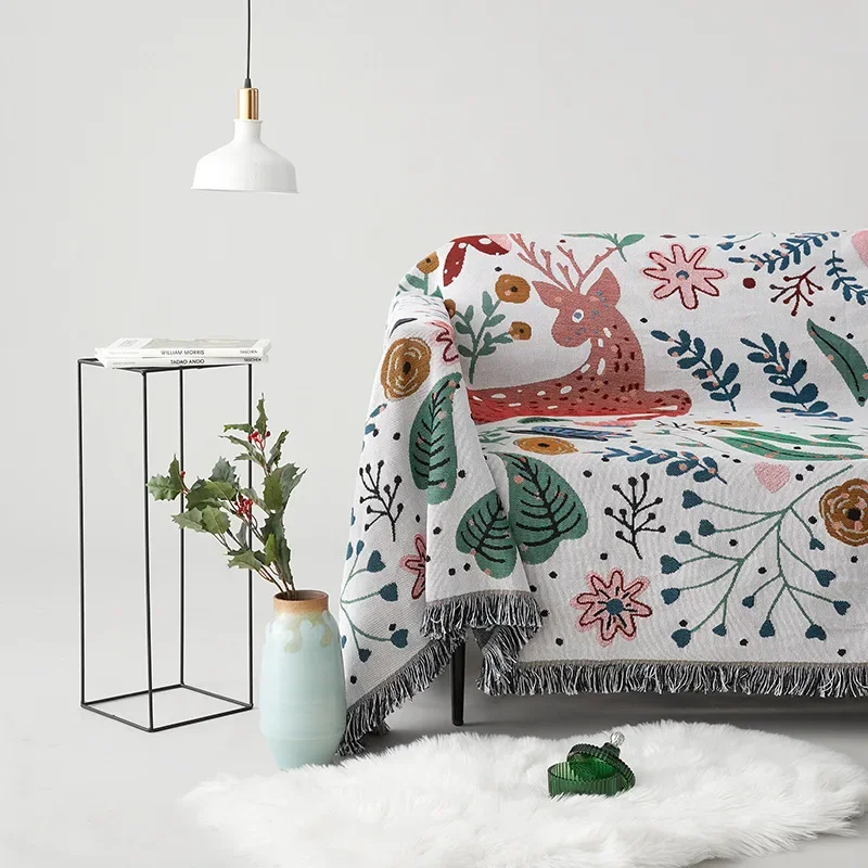 Boho Deer Tapestry Blanket with Floral Jacquard Design Vintage Forest Animal Woven Throw with Tassels for Sofa Bed & Home Decor