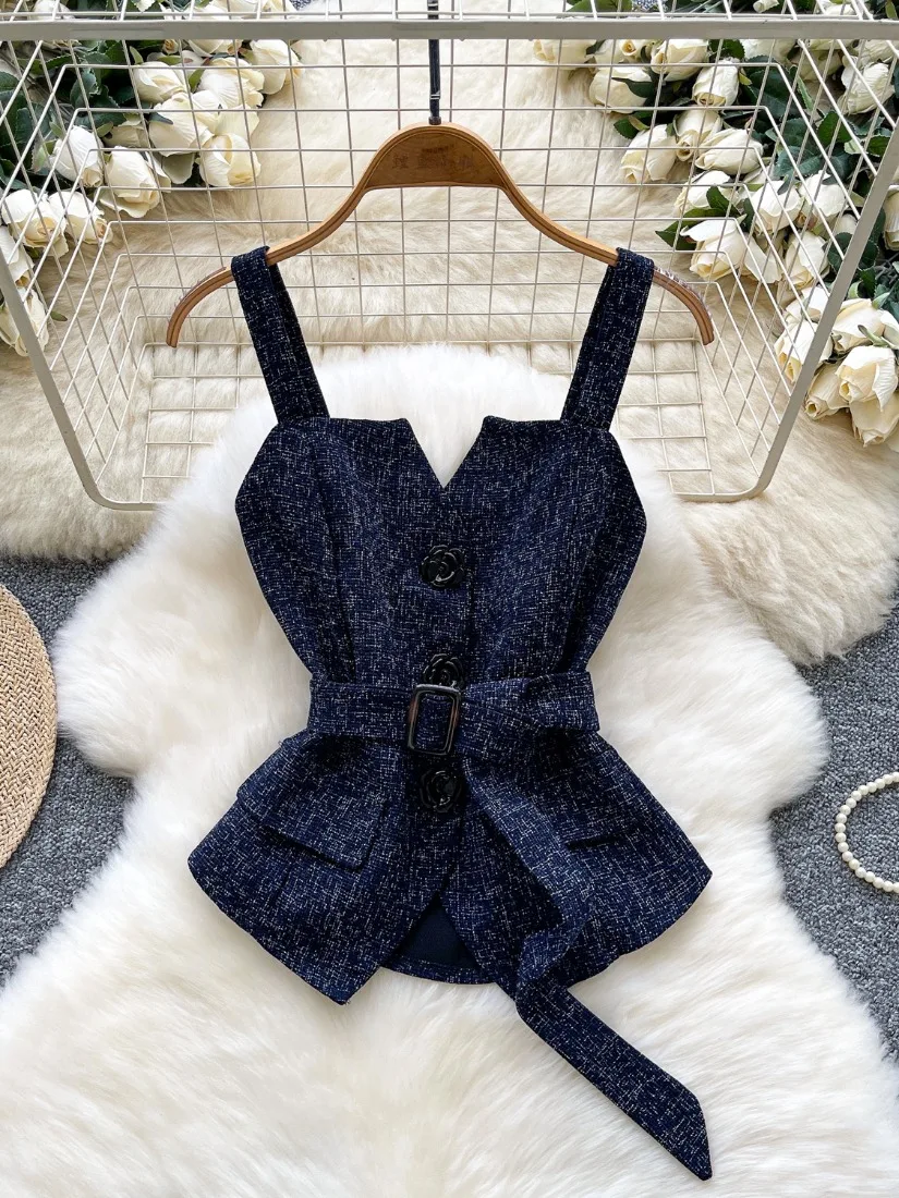 

Foamlina Summer Chic Camis Top Women Sexy Solid V Neck Sleeveless Backless Single Breasted Slim Belted Elegant Short Tank Tops