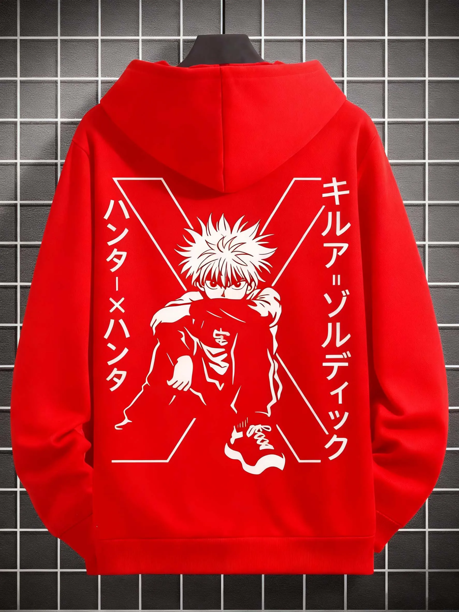 هوديي بنمط شخصية الرسوم المتحركة للرجال، بلوفر كاجوال بنص ياباني، ملابس عصرية ناعمة للشارع