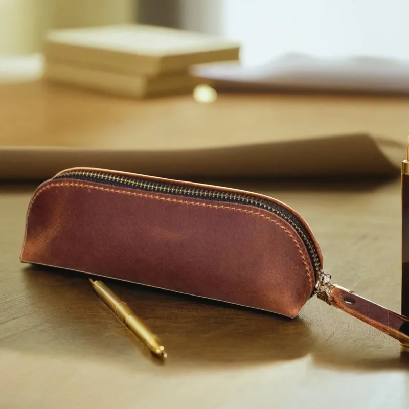 Vintage Style Handmade Pen Bag Genuine Leather Pencil Case Retro Pencil Bag From Cowhide Storage Bag For Journal Travel Supplies