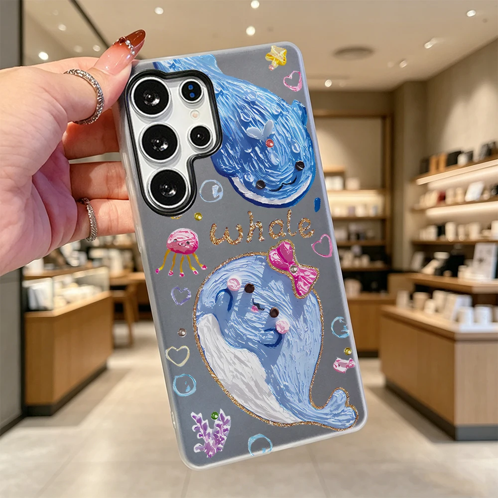 Two Cute Blue Whales Anti Scratch Protective Cover For Samsung S26 S25 Ultra FE A57 A56 A37 A17 A07