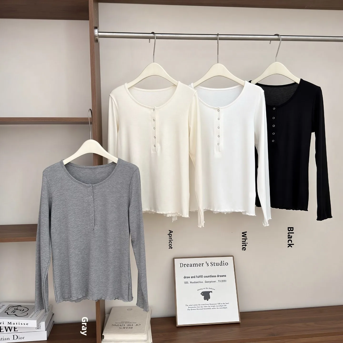 Elastic Long Sleeve Silk Woolen T-Shirt Henry Style Casual Loose Fit round Neck Button Placket Wood Grain  Versatile Top