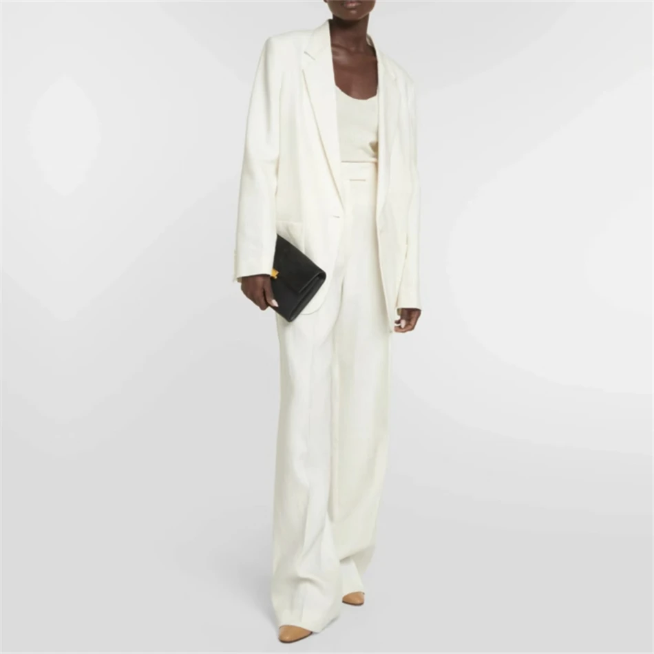 TR White Suit In Linen Long Sleeve Jackets And Wide Leg Pants New Luxury Design 2 Piece Sets For Women