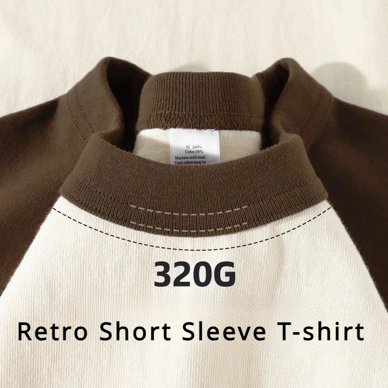 320G Retro Short Sleeve T-shirt High Quality Cotton Contrast Round Neck Short Sleeve T-shirt Women Men Raglan Half Sleeve Tee