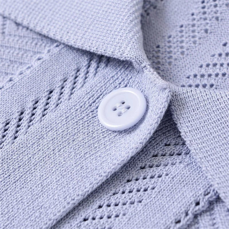 KEYANKETIAN صيف جديد المرأة طوق قصيرة الأكمام جوفاء قميص بولو واحدة الصدر سترة مشغولة من الصوف المرأة تي شيرت #4