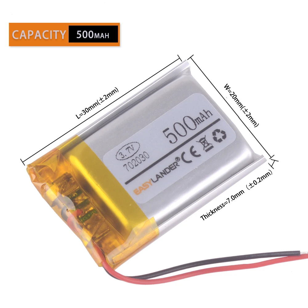 JST1.25 2p JST2.0 2P 3.7V 500mAh 702030 Rechargeable Lithium li-Polymer Lipo Li-ion Battery